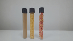 Microcápsulas de producto biológico (izquierda), urea recubierta con microorganismos (centro) y semilla de maíz tratada tradicionalmente más recubrimiento de microorganismos (derecha)