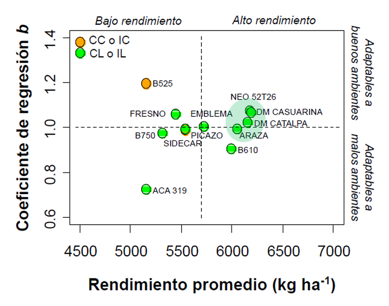 Grado de estabilidad/adaptabilidad obtenido a partir de la pendiente entre el rendimiento del genotipo evaluado y el &iacute;ndice ambiental. Campa&ntilde;a 2025/26.
