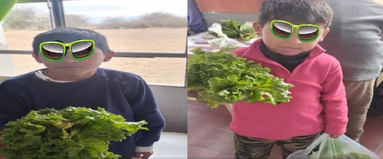 Alumnos con vegetales producidos en la huerta escolar