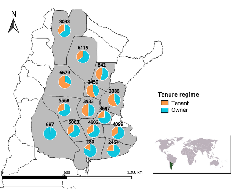 Lotes evaluados en cada región CREA y diferenciación según régimen de tenencia de la tierra: arrendatario (tenant) y propietario (owner)