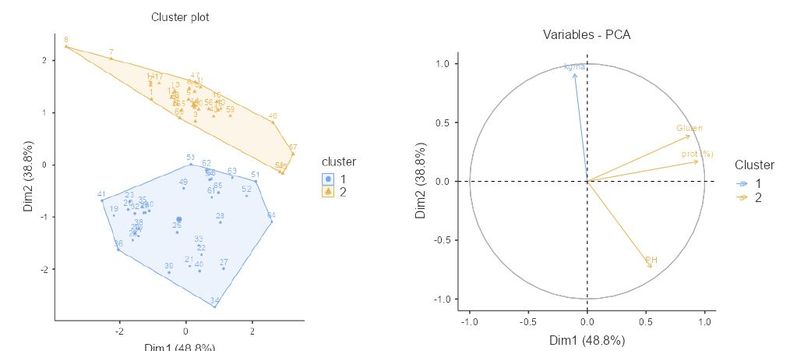 Clúster 1. Perfil productivo: rendimiento por encima del promedio, proteína y gluten por debajo o cercanos al promedio, peso hectolítrico inferior al promedio y ambientes de alto potencial de rinde. Representa lotes donde la calidad no es el atributo dominante. Clúster 2. Perfil de calidad: rendimiento menor al promedio, proteína y peso hectolítrico por encima del promedio y gluten cercano al promedio. Ambientes más favorables a calidad industrial