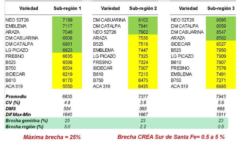 Rendimientos de cultivares de trigo en 2025/26 por subregi&oacute;n CREA Sur de Santa Fe y brecha gen&eacute;tica en la red y entre la red y las empresas CREA.