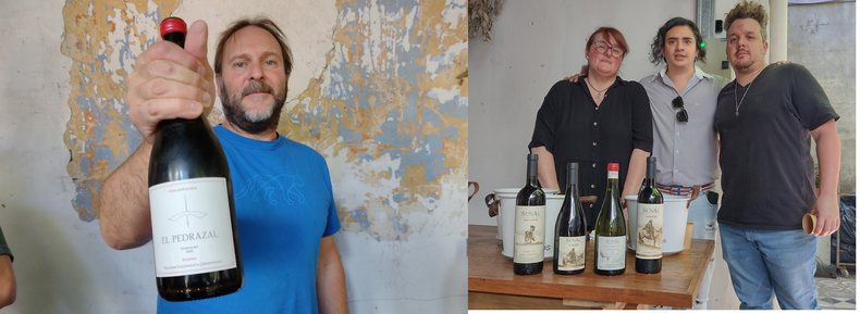 Andrés Biscaisaque de Finca Los Dragones (izquierda) y Cintia Grattoni, Gastón Silva y Guido Bilotta de Somos Selectos, distribuidora de Agustín Lanús Wines