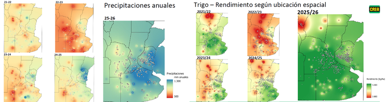 Distribución espacial de precipitaciones y rendimientos de trigo en secano con destino grano. DAT CREA