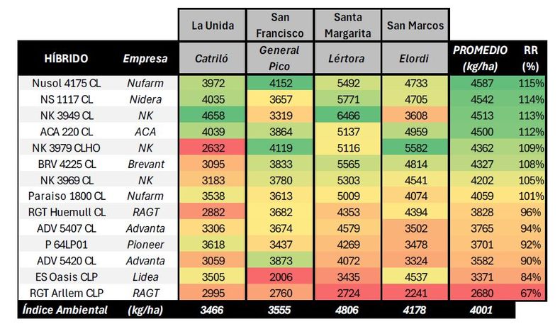 Resultados regionales de híbridos de girasol con rendimiento corregido por materia grasa. CREA Oeste Arenoso 2025/26.