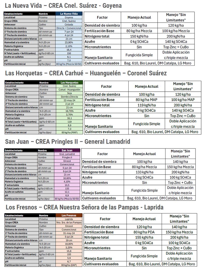 Características de los ensayos de brechas de rendimiento de trigo en 2024/25 en la región CREA Sudoeste