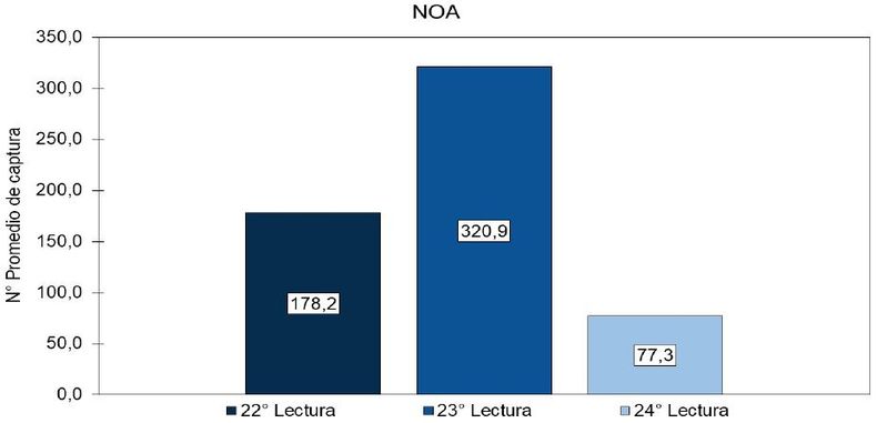 Evolución del número promedio de capturas de Dalbulus maidis en la región NOA según datos de los últimos tres informes.