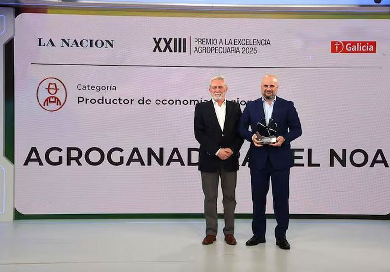 Juan Carlos L´Afflitto, director de Galicia, entregó la estatuilla a Pablo Cianci, CEO de Agroganadera del NOA, firma Mejor Productor de Economías Regionales. Foto: La Nación
