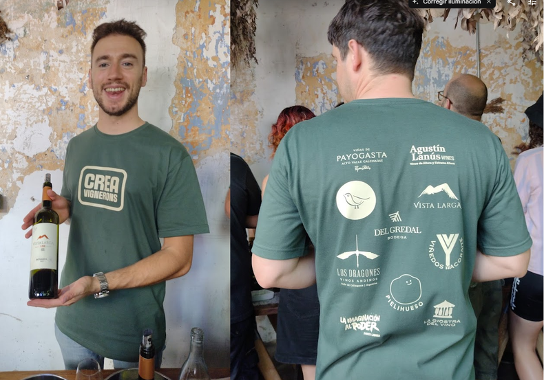 Matías Leboran de Finca Vista Larga. Remera del CREA Vignerons con la imagen de todos sus integrantes.