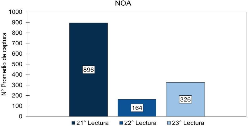 Evolución del número promedio de capturas de D. maidis en la región NOA, según datos de los informes 21°, 22° y 23°.