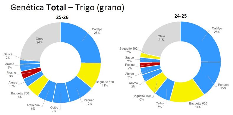 Trigo 2025/26 y 2024/25. Cultivares sembrados por superficie informada. DAT CREA