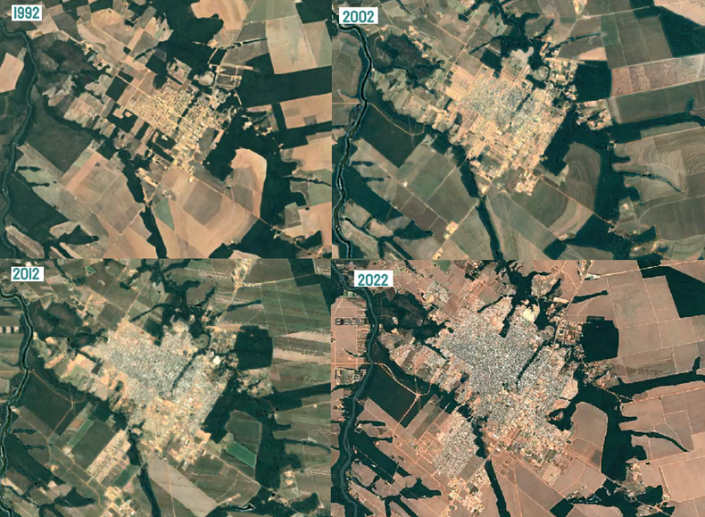 Evolución de la ciudad de Sorriso. Mato Grosso. Google Earth Timelapse en base Landsat y Sentinel.