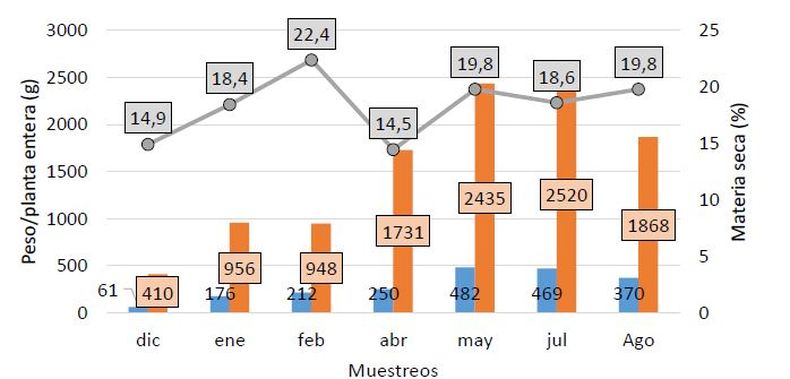 Evolución del peso fresco por planta (PF), contenido de material seca (MS), peso seco por planta (PS) y contenido de proteína bruta (PB) en el sitio Gral. Lamadrid.