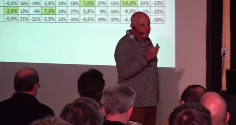 Jorge González Montaner durante una exposición ofrecida en la jornada de granos finos realizada por los CREA de Mar y Sierras en la localidad bonaerense de Azul.