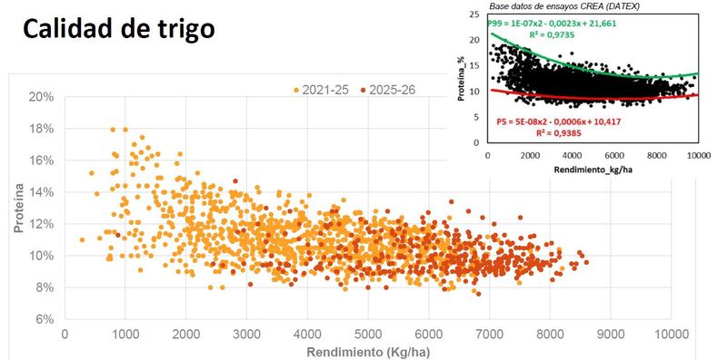 Diapo4. Trigo 2025/26 y 2021/22 a 2024/25. Rendimiento y tenor proteico. DAT CREA y DATex.