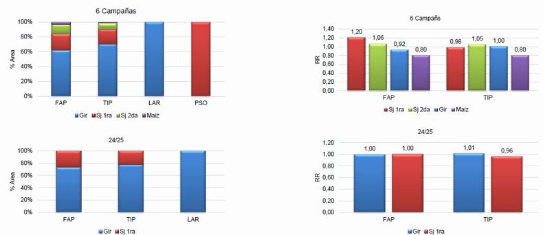 Rendimiento del cultivo de trigo según antecesor. Comparación 2024/25 versus media de las últimas seis campañas. CREA Sudeste
